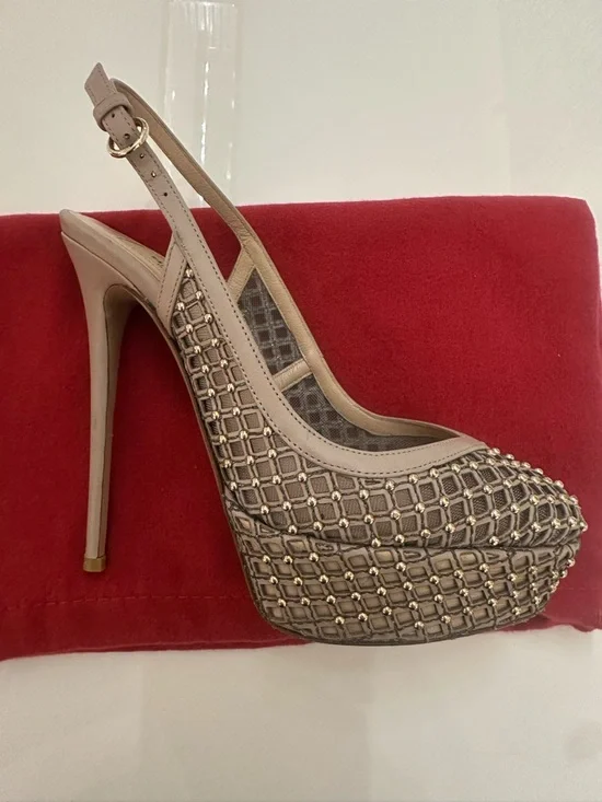 Valentino Taupe Studded Slingback Platform Pumps AUTHENTIC - Picture 5 of 9